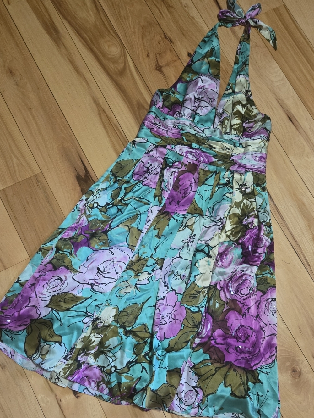 Adrianna Papell Aqua and Lavender Floral Halter Midi Dress